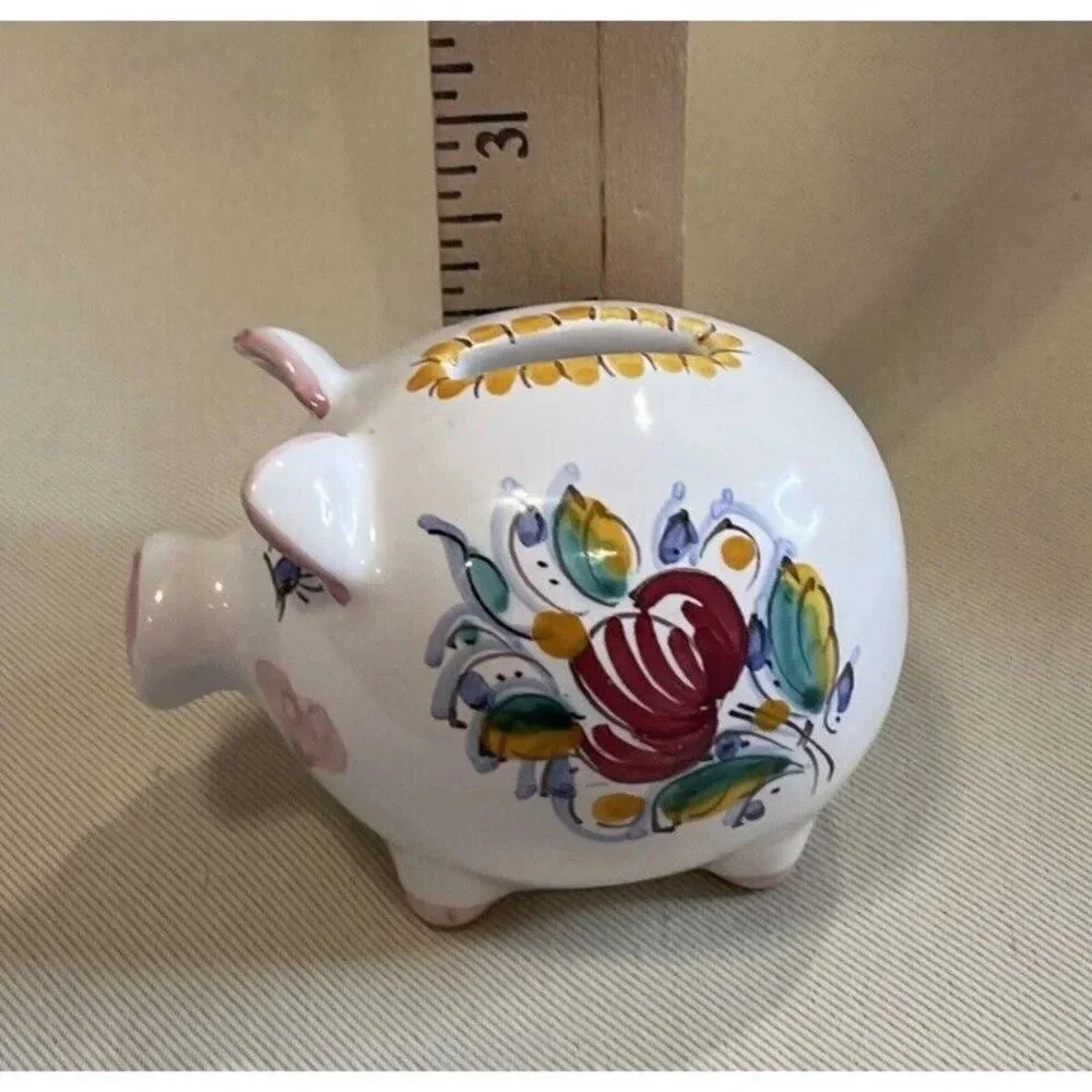 Ceramic Slovenska‎ Folk Art Piggy Pig Bank Figure Colorful Floral Hearts